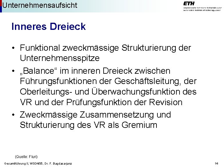 Unternehmensaufsicht Inneres Dreieck • Funktional zweckmässige Strukturierung der Unternehmensspitze • „Balance“ im inneren Dreieck