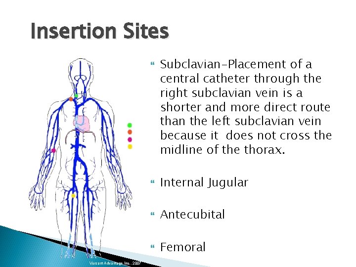 Insertion Sites Versant Advantage Inc. , 2007 Subclavian-Placement of a central catheter through the