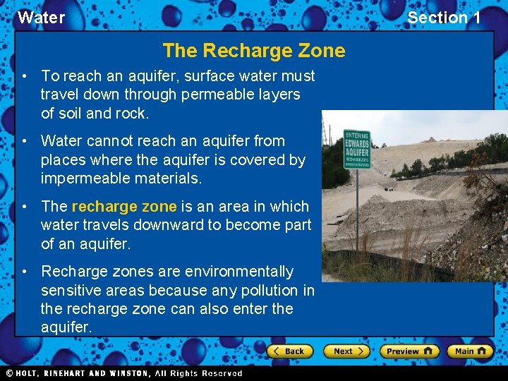 Water Section 1 The Recharge Zone • To reach an aquifer, surface water must