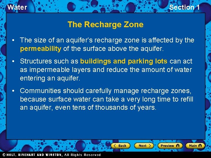 Water Section 1 The Recharge Zone • The size of an aquifer’s recharge zone