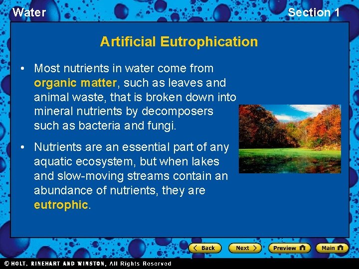 Water Section 1 Artificial Eutrophication • Most nutrients in water come from organic matter,