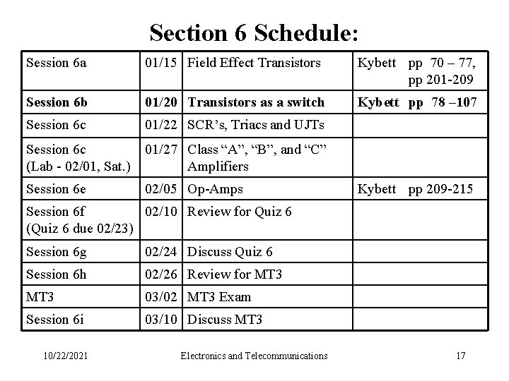 Section 6 Schedule: Session 6 a 01/15 Field Effect Transistors Kybett pp 70 –