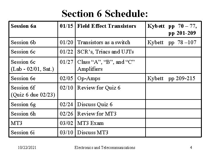 Section 6 Schedule: Session 6 a 01/15 Field Effect Transistors Kybett pp 70 –