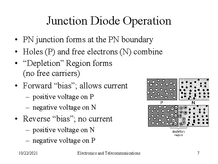 Junction Diode Operation • PN junction forms at the PN boundary • Holes (P)