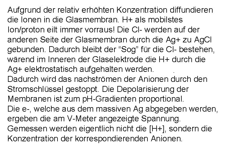 Aufgrund der relativ erhöhten Konzentration diffundieren die Ionen in die Glasmembran. H+ als mobilstes