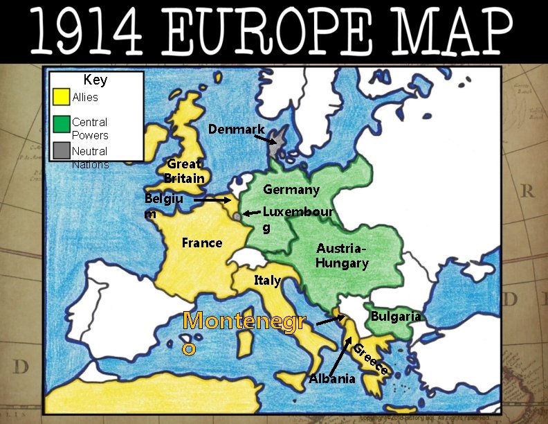 Key Allies Central Powers Neutral Nations Denmark Great Britain Belgiu m France Germany Luxembour