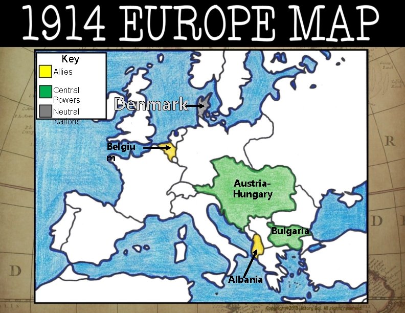 Key Allies Central Powers Neutral Nations Denmark Belgiu m Austria. Hungary Bulgaria Albania 