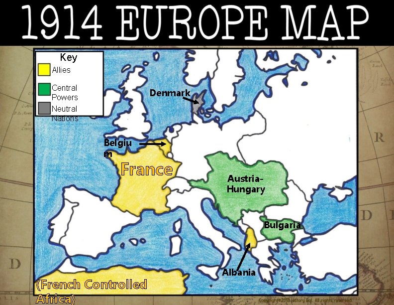 Key Allies Central Powers Neutral Nations Denmark Belgiu m France Austria. Hungary Bulgaria (French