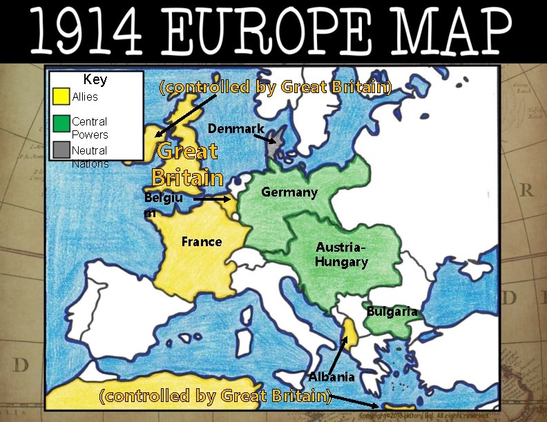 Key Allies Central Powers Neutral Nations (controlled by Great Britain) Denmark Great Britain Belgiu