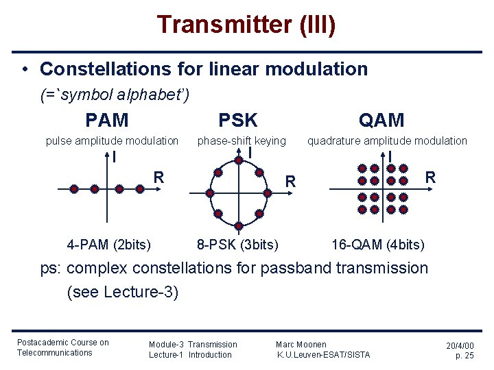 Transmitter (III) • Constellations for linear modulation (=`symbol alphabet’) PAM PSK pulse amplitude modulation