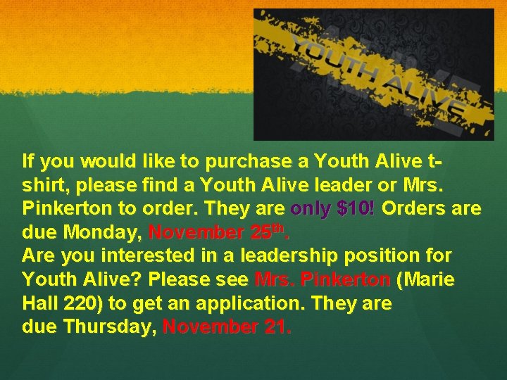 If you would like to purchase a Youth Alive tshirt, please find a Youth