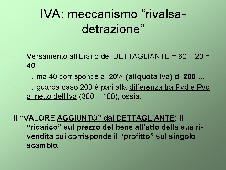 IVA: meccanismo “rivalsadetrazione” - Versamento all’Erario del DETTAGLIANTE = 60 – 20 = 40