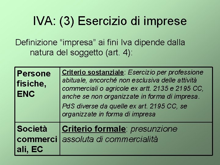 IVA: (3) Esercizio di imprese Definizione “impresa” ai fini Iva dipende dalla natura del