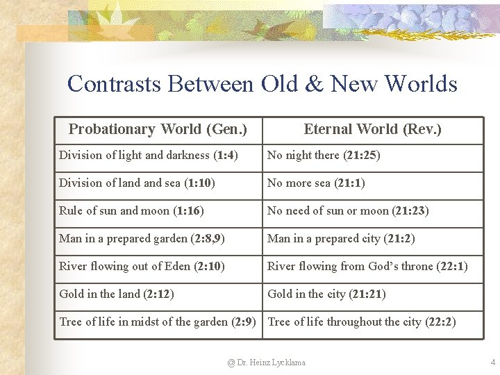 Contrasts Between Old & New Worlds Probationary World (Gen. ) Eternal World (Rev. ) Contrasts Between Old & New Worlds Probationary World (Gen. ) Eternal World (Rev. )