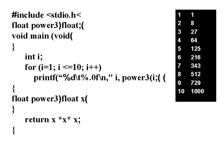 #include <stdio. h< float power 3)float; ( void main (void( } int i; for