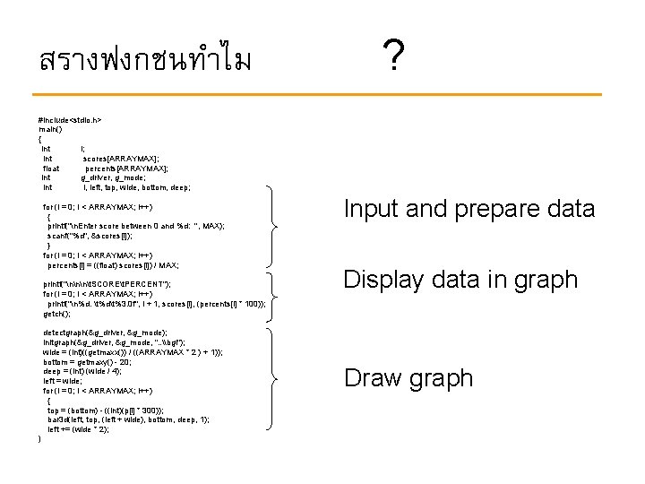 สรางฟงกชนทำไม ? #include<stdio. h> main() { int i; int scores[ARRAYMAX]; float percents[ARRAYMAX]; int g_driver,