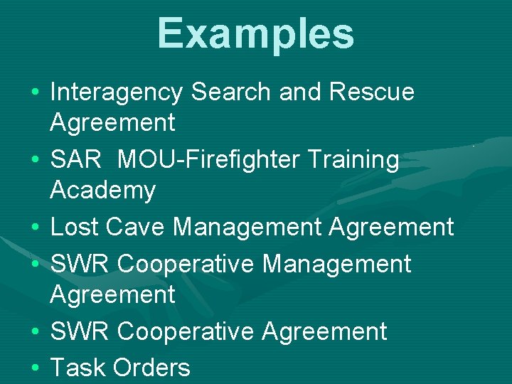 Examples • Interagency Search and Rescue Agreement • SAR MOU-Firefighter Training Academy • Lost