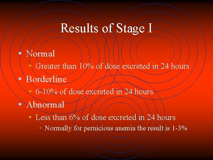 Results of Stage I • Normal • Greater than 10% of dose excreted in