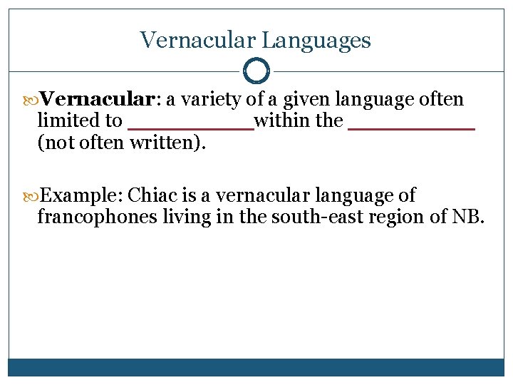 Vernacular Languages Vernacular: a variety of a given language often limited to _____within the