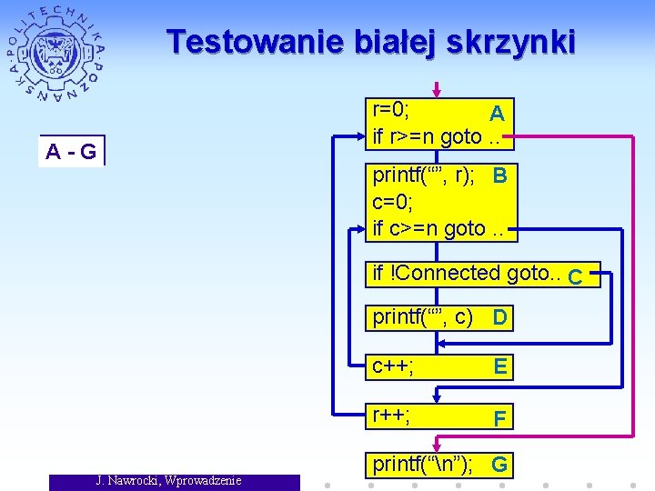 Testowanie białej skrzynki A-G r=0; A if r>=n goto. . printf(“”, r); B c=0;