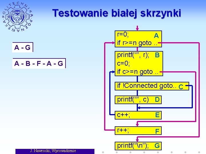 Testowanie białej skrzynki A-G A-B-F-A-G r=0; A if r>=n goto. . printf(“”, r); B