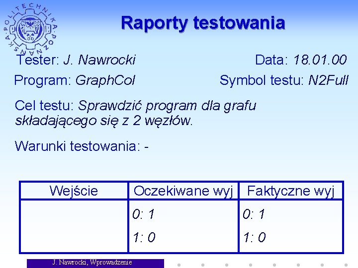 Raporty testowania Tester: J. Nawrocki Program: Graph. Col Data: 18. 01. 00 Symbol testu: