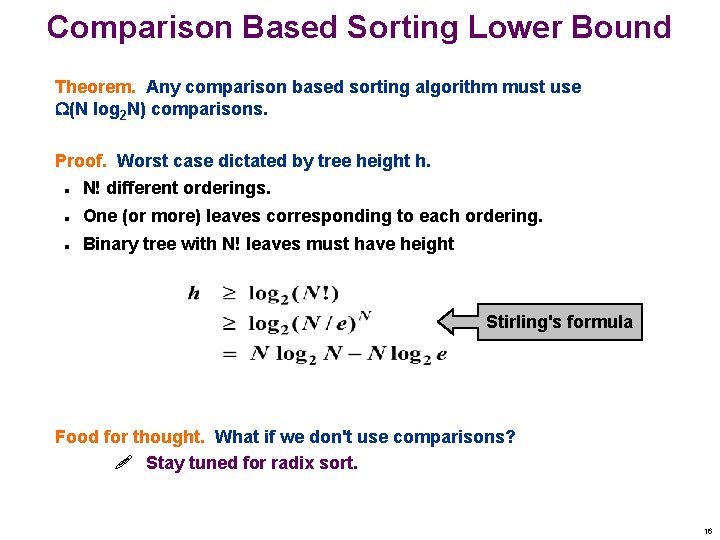 Comparison Based Sorting Lower Bound Theorem. Any comparison based sorting algorithm must use (N