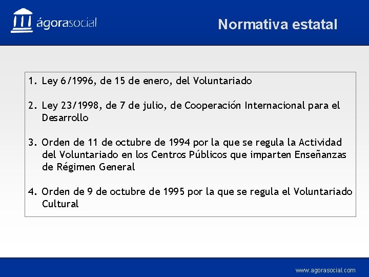 Normativa estatal 1. Ley 6/1996, de 15 de enero, del Voluntariado 2. Ley 23/1998,