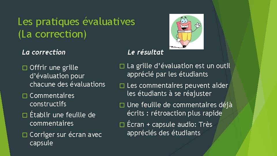 Les pratiques évaluatives (La correction) Le résultat La correction � � � La grille