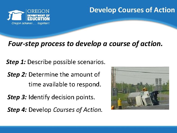 Develop Courses of Action Four-step process to develop a course of action. Step 1: