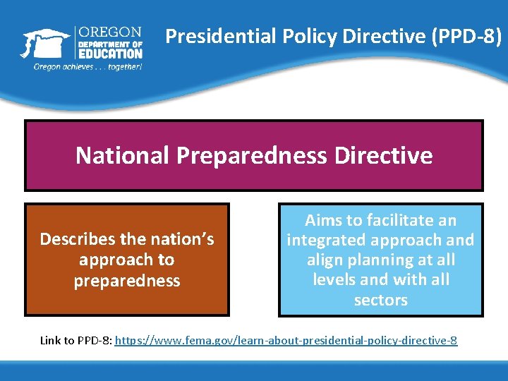 Presidential Policy Directive (PPD-8) National Preparedness Directive Describes the nation’s approach to preparedness Aims