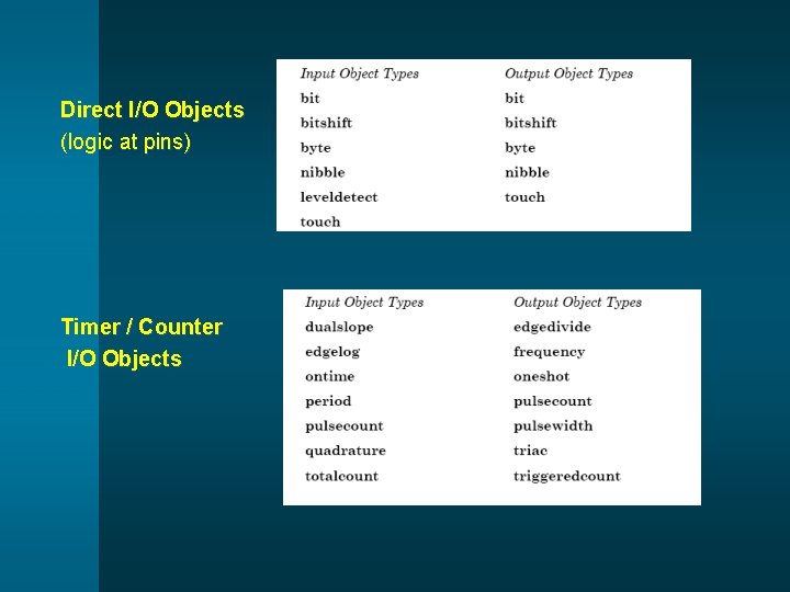 Direct I/O Objects (logic at pins) Timer / Counter I/O Objects 