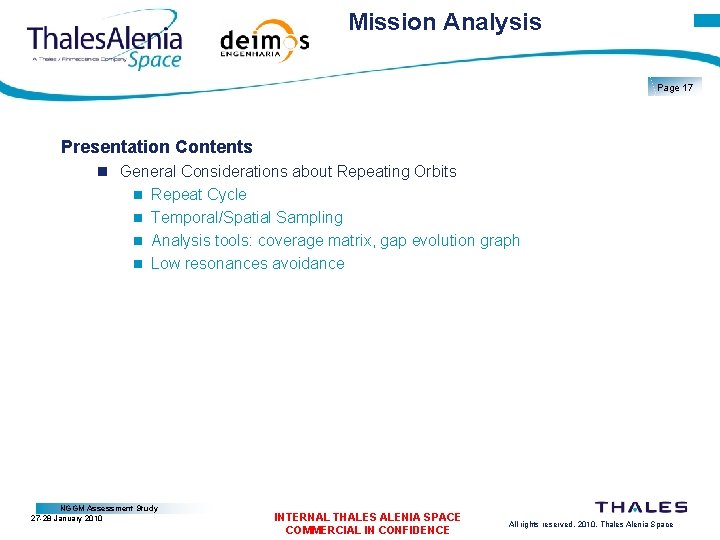 Mission Analysis Page 17 Presentation Contents General Considerations about Repeating Orbits Repeat Cycle Temporal/Spatial