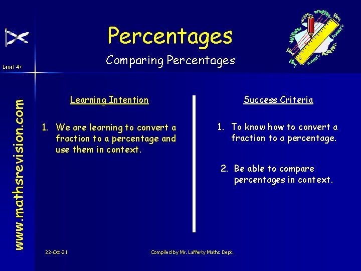 Percentages Comparing Percentages www. mathsrevision. com Level 4+ Learning Intention Success Criteria 1. We