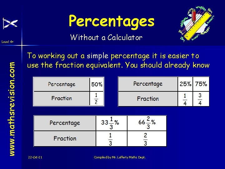 Percentages Without a Calculator www. mathsrevision. com Level 4+ To working out a simple