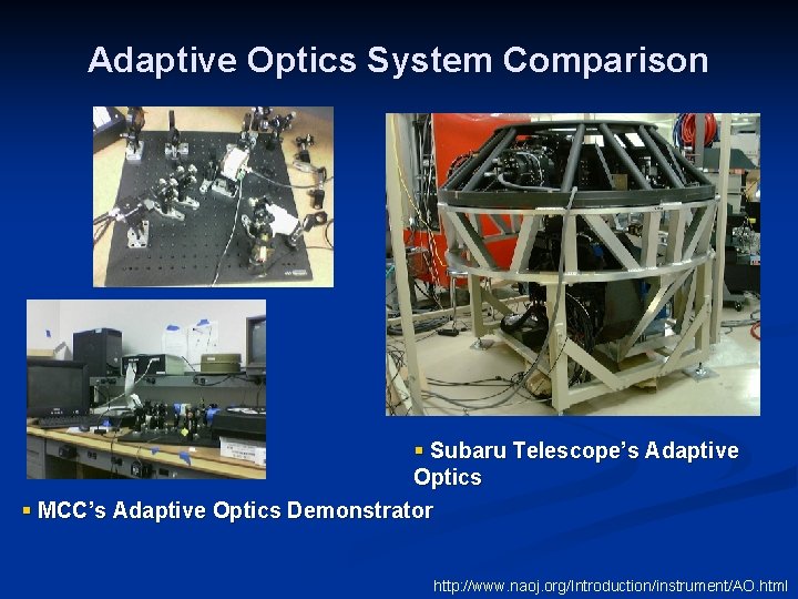 Adaptive Optics System Comparison § Subaru Telescope’s Adaptive Optics § MCC’s Adaptive Optics Demonstrator Adaptive Optics System Comparison § Subaru Telescope’s Adaptive Optics § MCC’s Adaptive Optics Demonstrator