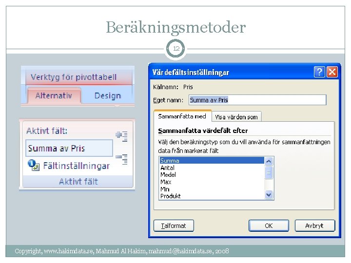 Beräkningsmetoder 12 Copyright, www. hakimdata. se, Mahmud Al Hakim, mahmud@hakimdata. se, 2008 