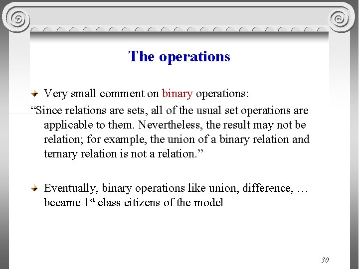The operations Very small comment on binary operations: “Since relations are sets, all of