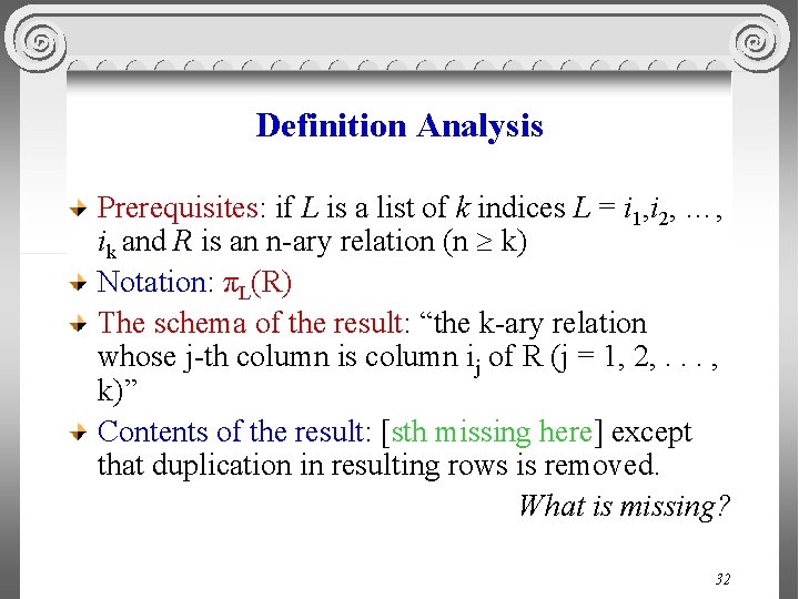 Definition Analysis Prerequisites: if L is a list of k indices L = i