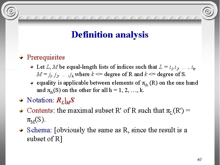 Definition analysis Prerequisites Let L, M be equal-length lists of indices such that L