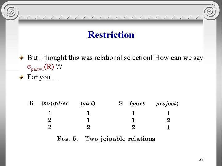 Restriction But I thought this was relational selection! How can we say σpart=1(R) ?