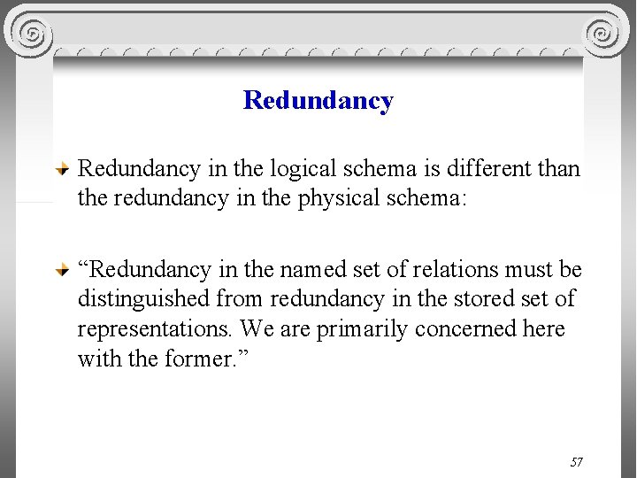 Redundancy in the logical schema is different than the redundancy in the physical schema: