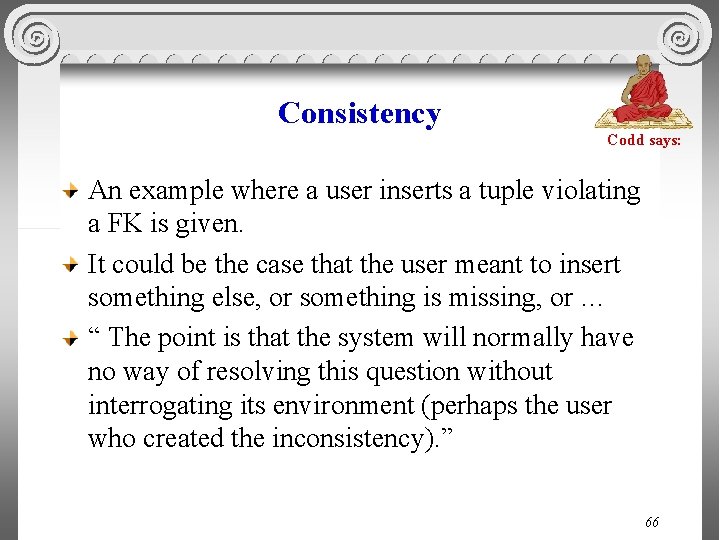 Consistency Codd says: An example where a user inserts a tuple violating a FK