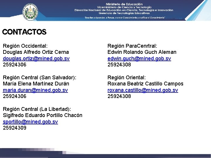 CONTACTOS Región Occidental: Douglas Alfredo Ortiz Cerna douglas. ortiz@mined. gob. sv 25924306 Región Para.