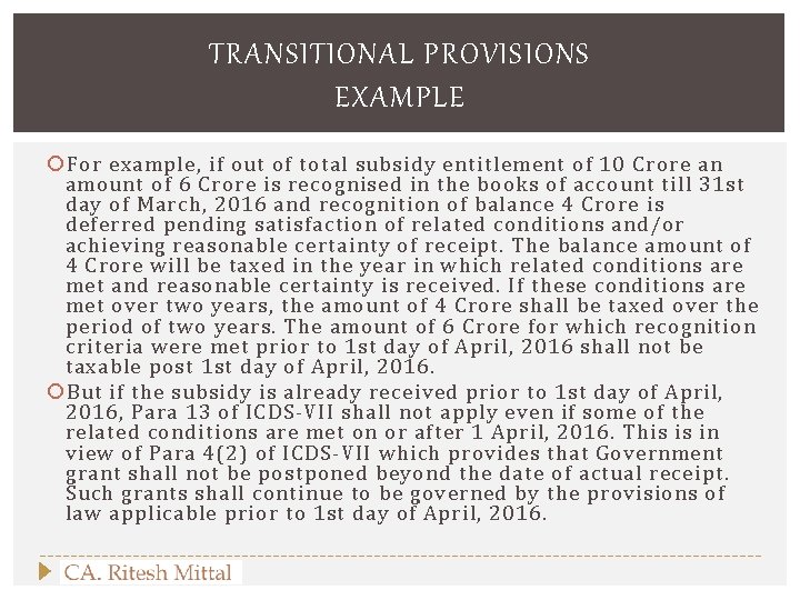 TRANSITIONAL PROVISIONS EXAMPLE For example, if out of total subsidy entitlement of 10 Crore