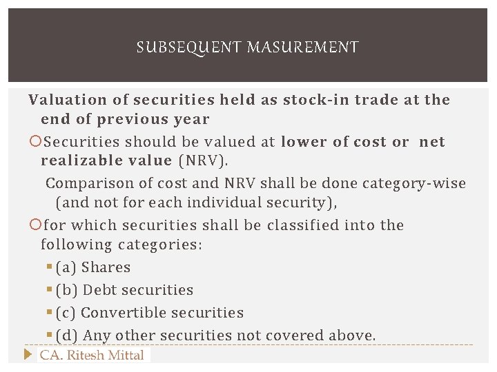 SUBSEQUENT MASUREMENT Valuation of securities held as stock‐in trade at the end of previous