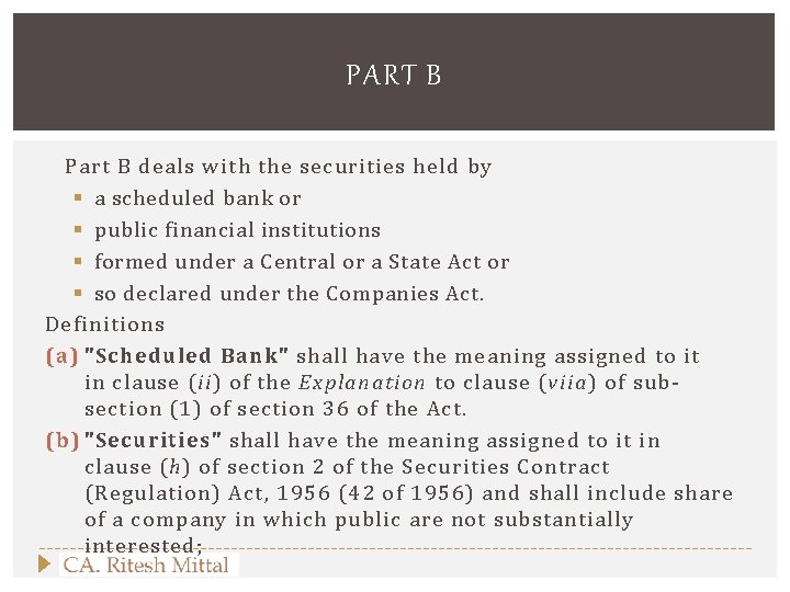 PART B Part B deals with the securities held by § a scheduled bank