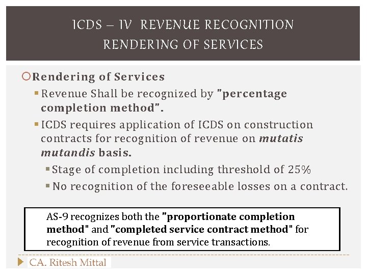 ICDS – IV REVENUE RECOGNITION RENDERING OF SERVICES Rendering of Services § Revenue Shall