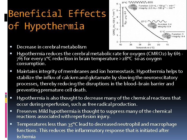 Beneficial Effects of Hypothermia Decrease in cerebral metabolism Hypothermia reduces the cerebral metabolic rate