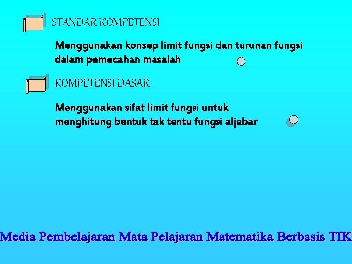 STANDAR KOMPETENSI Menggunakan konsep limit fungsi dan turunan fungsi dalam pemecahan masalah KOMPETENSI DASAR STANDAR KOMPETENSI Menggunakan konsep limit fungsi dan turunan fungsi dalam pemecahan masalah KOMPETENSI DASAR